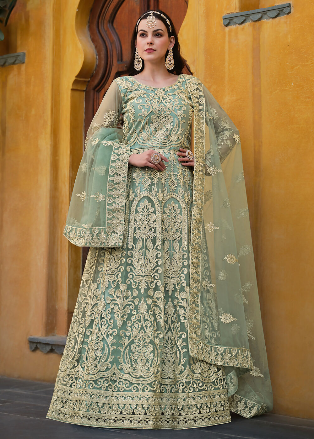 Light Green Pure Butterfly Net Wedding Wear Anarkali Suit - Emponline - Distacart