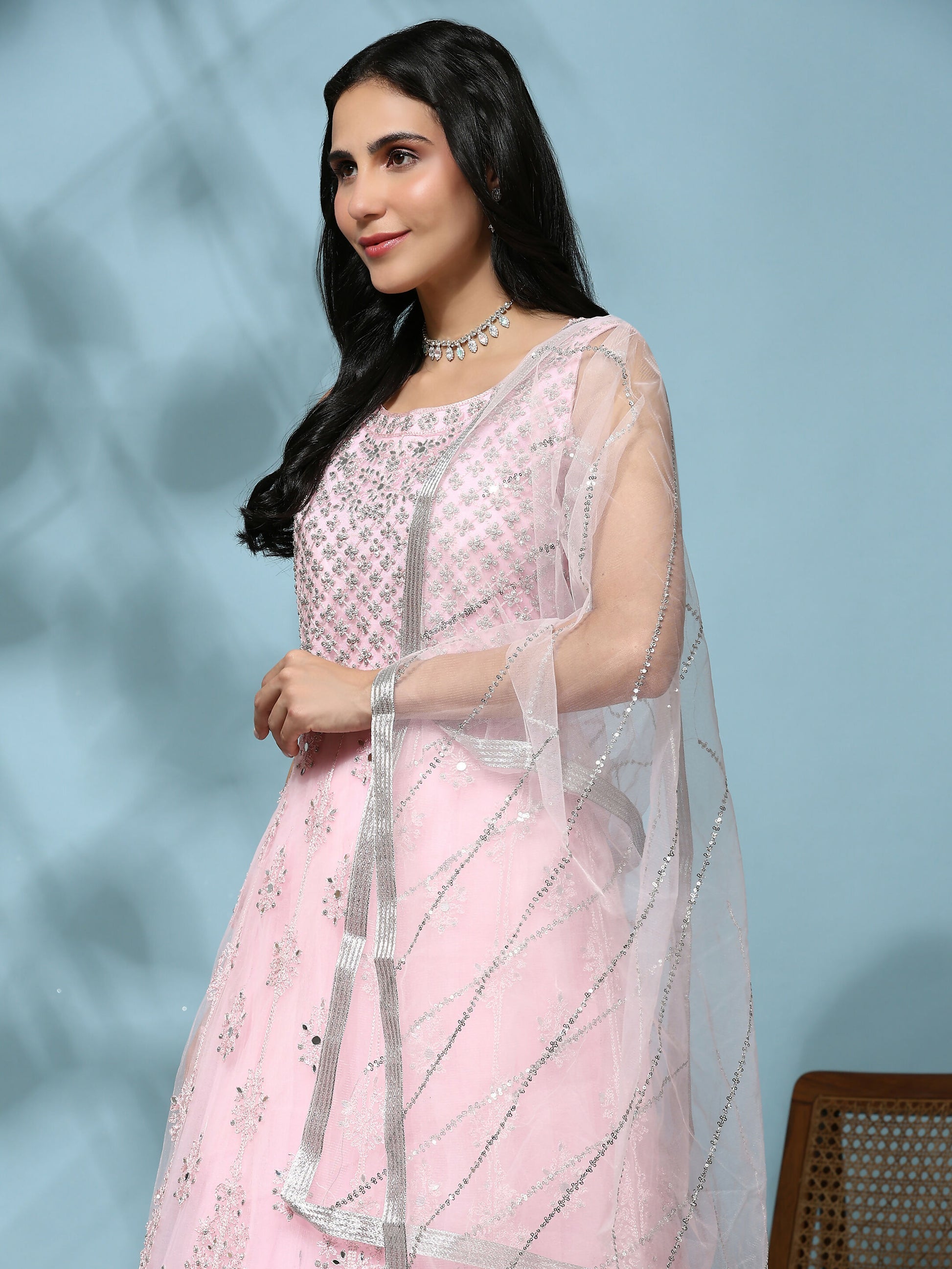 Pink Net Hand Embroidered Gown - Rudrani - Distacart