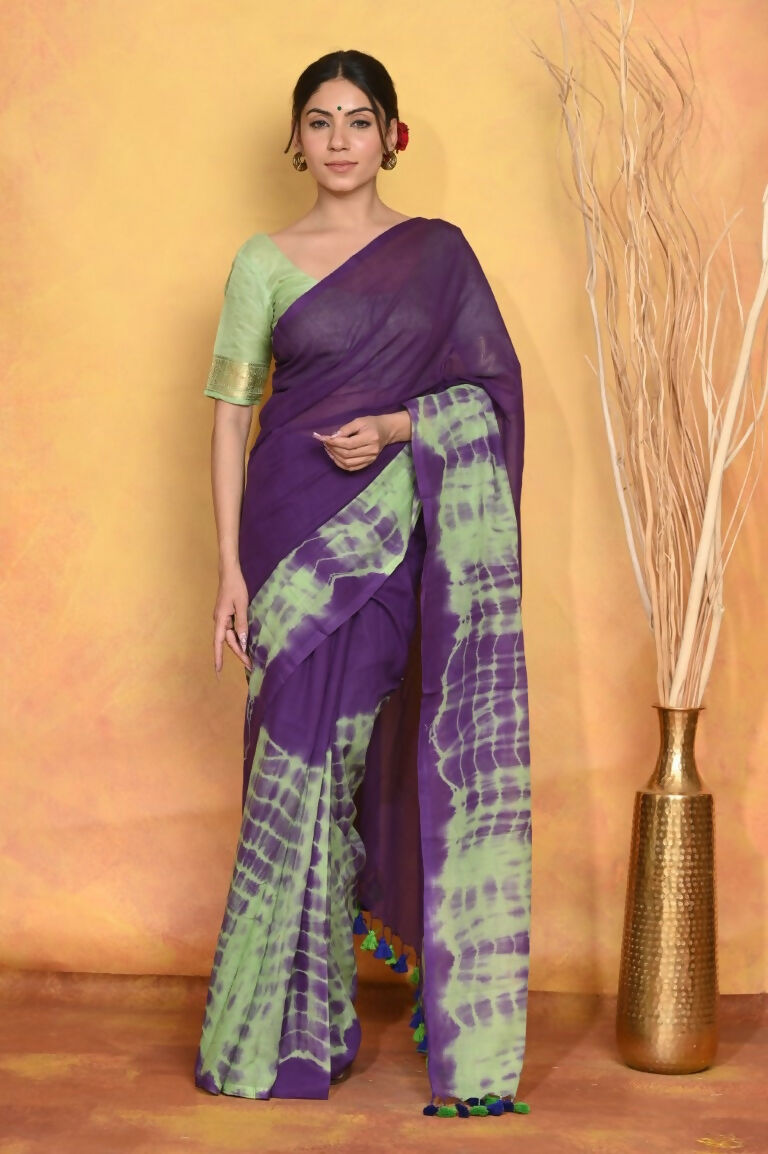 Very Much Indian Tie & Dye Handloom Mul Cotton Saree - Blue Green - Distacart