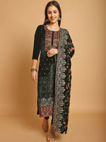Thumbnail for Aastha Fashion Women's Green Velvet Floral Resham Thread with Jari & Sequince work Designer Straight Suit Set - Distacart