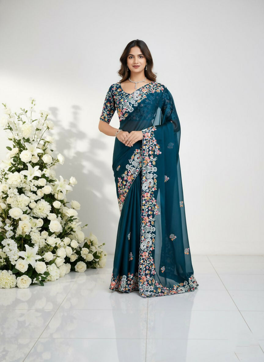 Teeya Creation Womens New Fancy Embroidery Work Saree-Teal - Dista