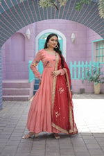 Thumbnail for Aastha Fashion Women's Peach Faux Georgette Thread Embroidered Anarkali Dress with Dupatta - Distacart