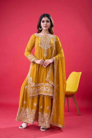 Teeya Creation Yellow Color Faux georgette Embroidery Work Sharara Set
