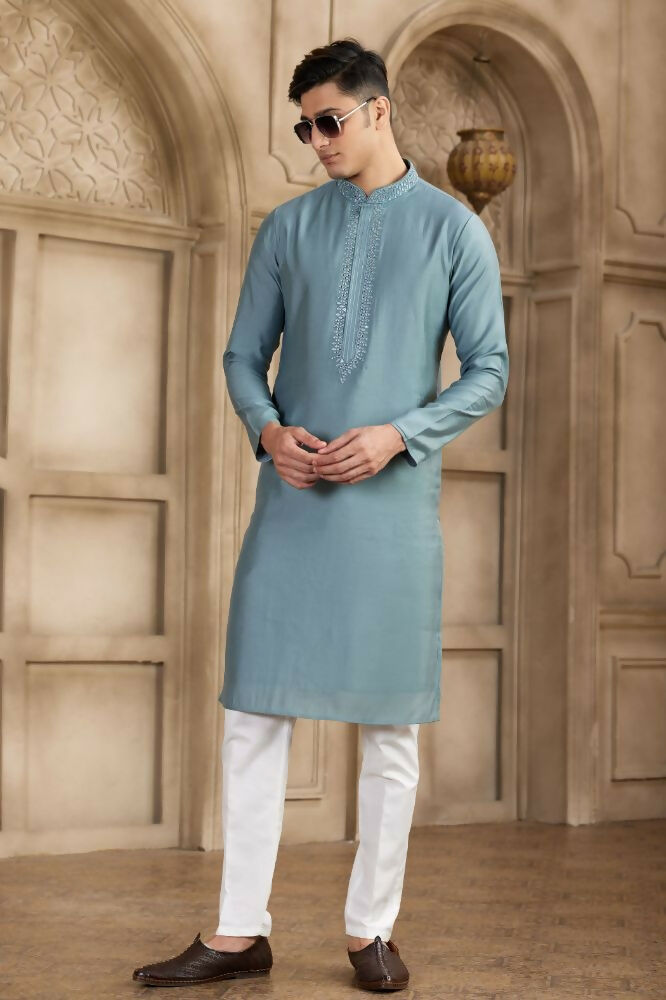 Raivat Ethnic Banarasi Art Silk Mirror Work Kurta Pajama In Grey Colour - Distacart