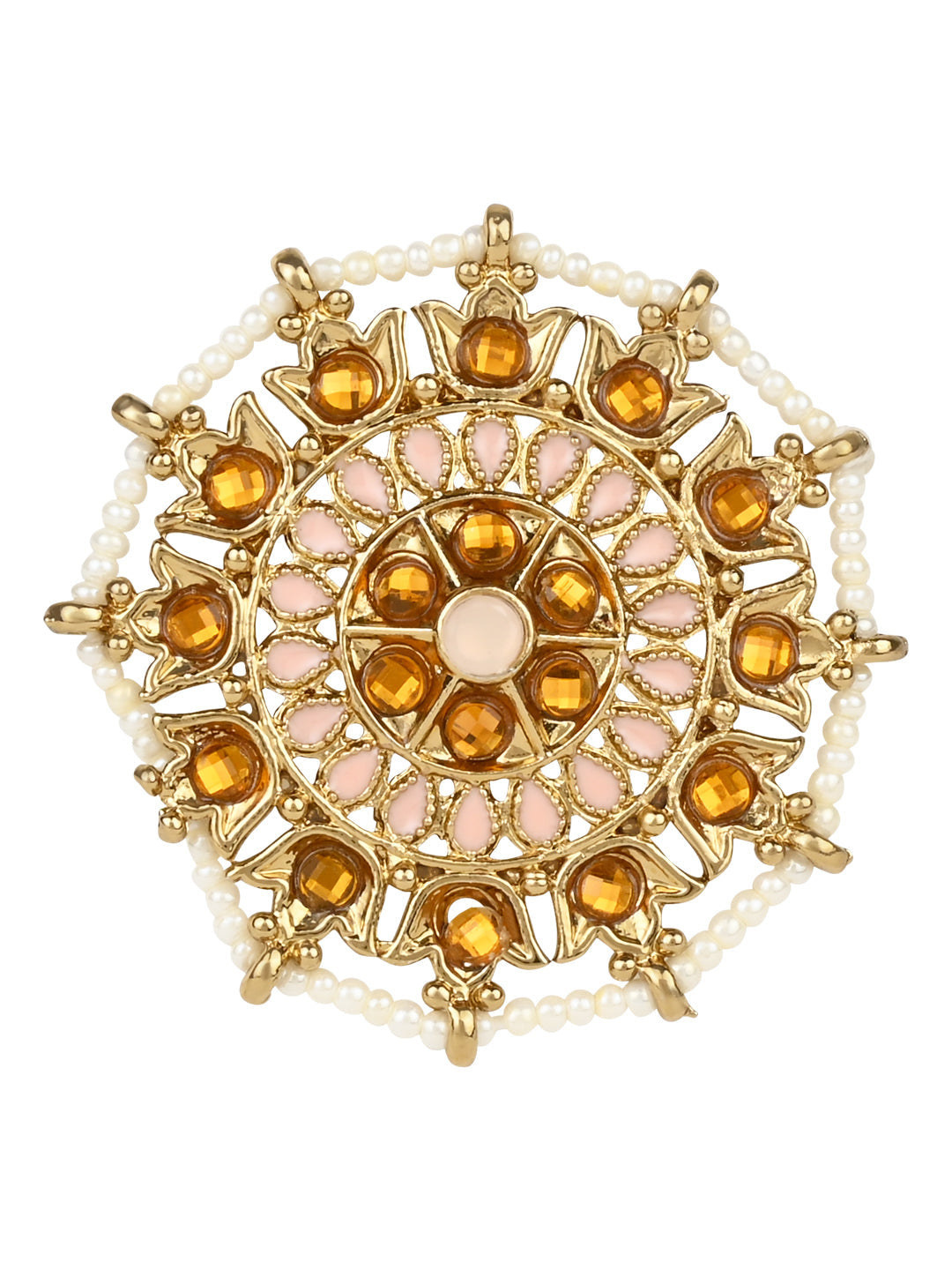 18k Gold Plated Traditional Work Moti Finger Ring Glided With Moti For Women/Girls - Wahe Jewels
