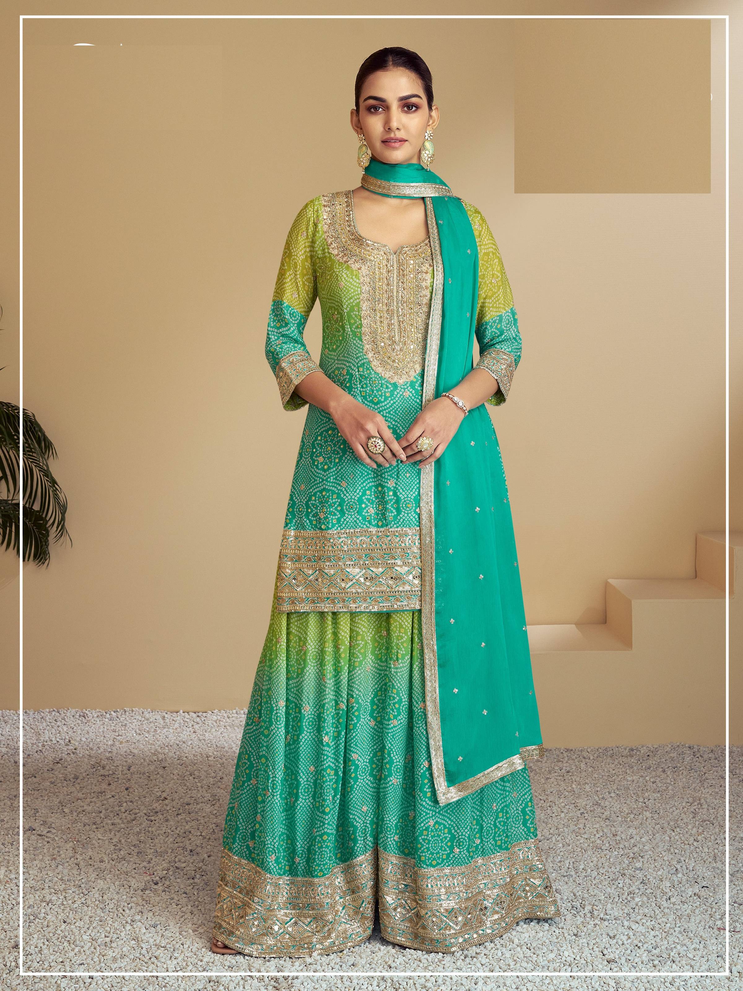 Aarshi Fashions Yellow & Sea green Bandhani Embroidered Palazzo Salwar Kameez