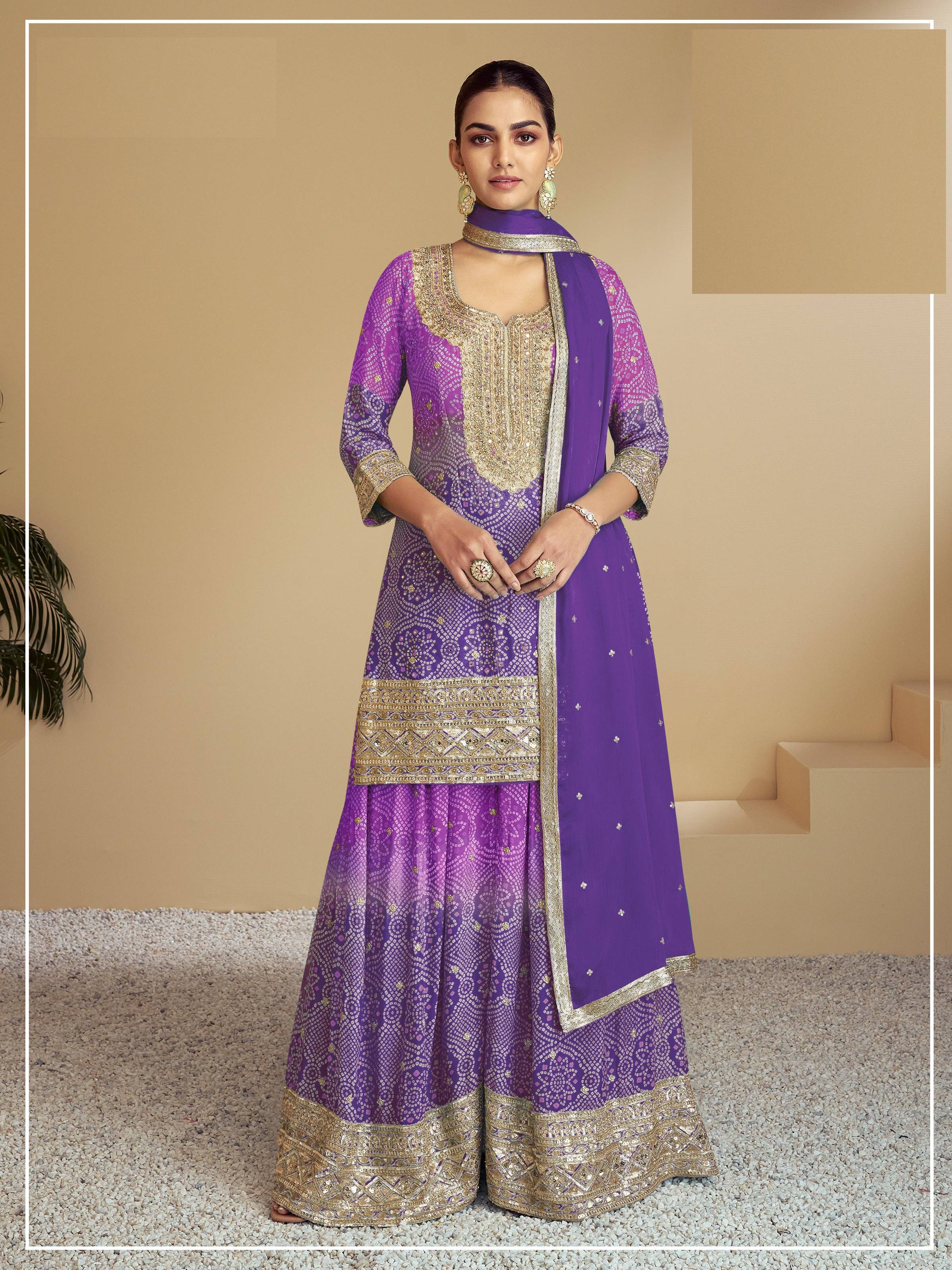 Aarshi Fashions Light Purple & Blue green Bandhani Embroidered Palazzo Salwar Kameez