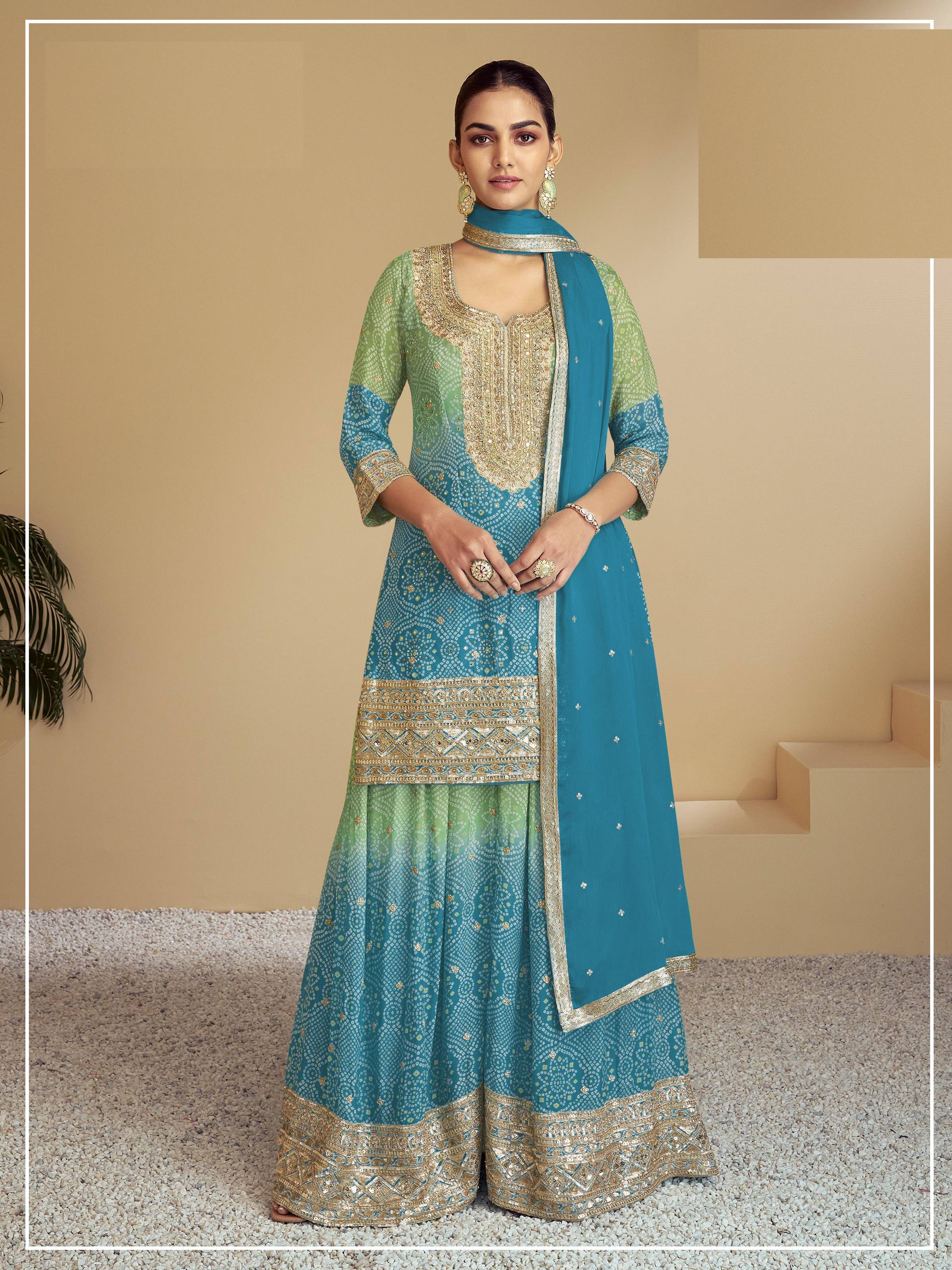 Aarshi Fashions Light Green & Blue Bandhani Embroidered Palazzo Salwar Kameez