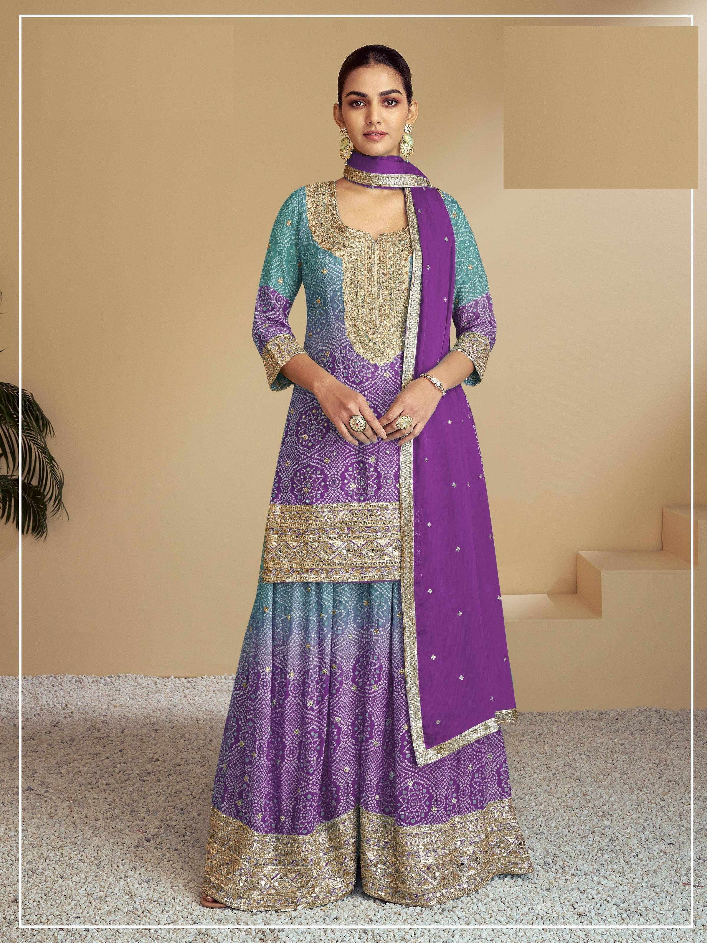 Aarshi Fashions Light Blue & Purple Bandhani Embroidered Palazzo Salwar Kameez