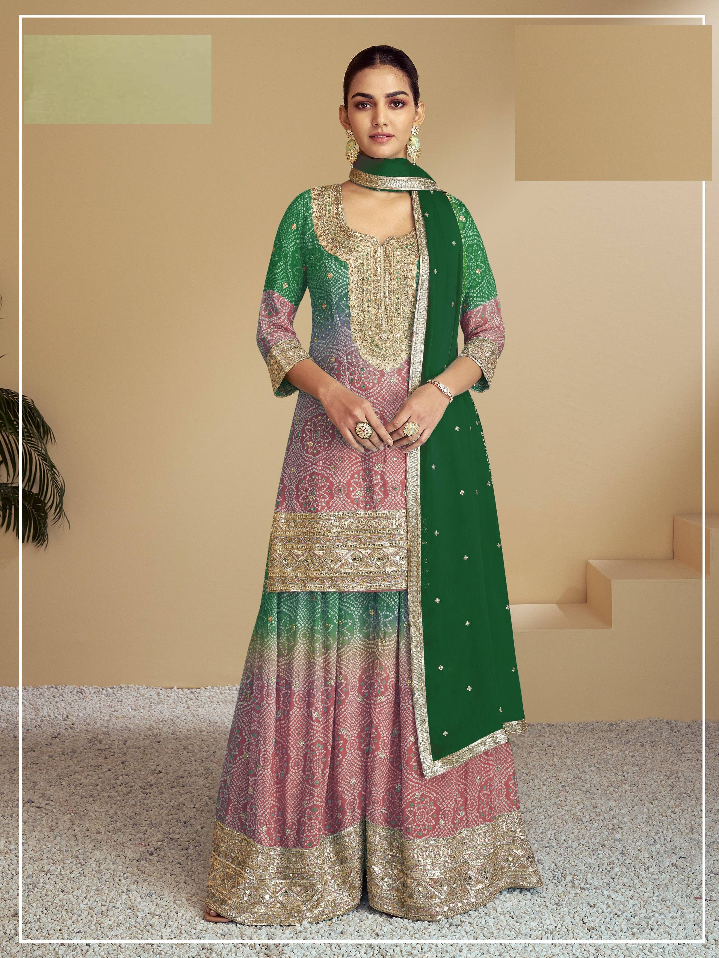 Aarshi Fashions Pink & Green Bandhani Embroidered Palazzo Salwar Suit