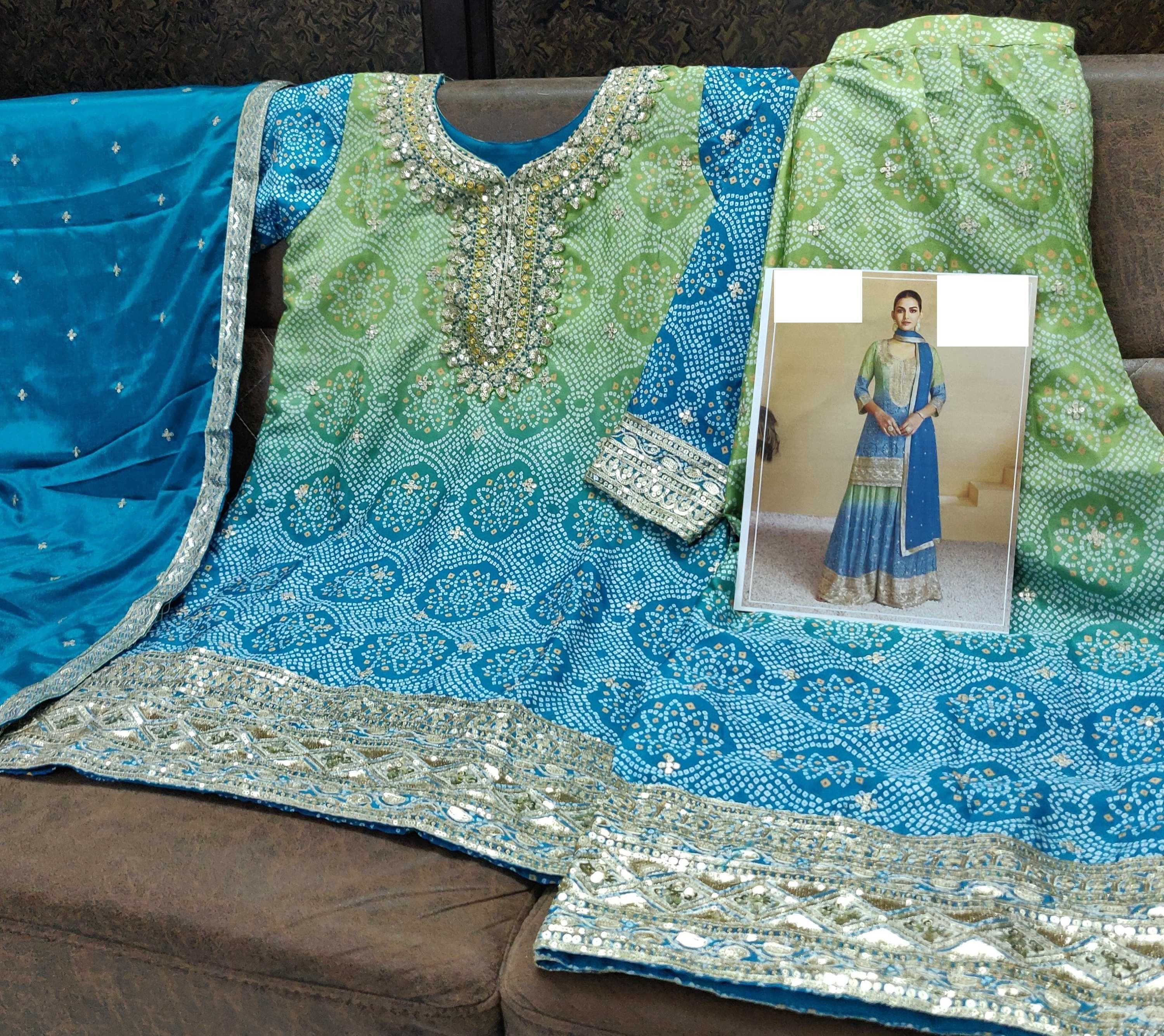 Aarshi Fashions Yellow & Sea green Bandhani Embroidered Palazzo Salwar Kameez