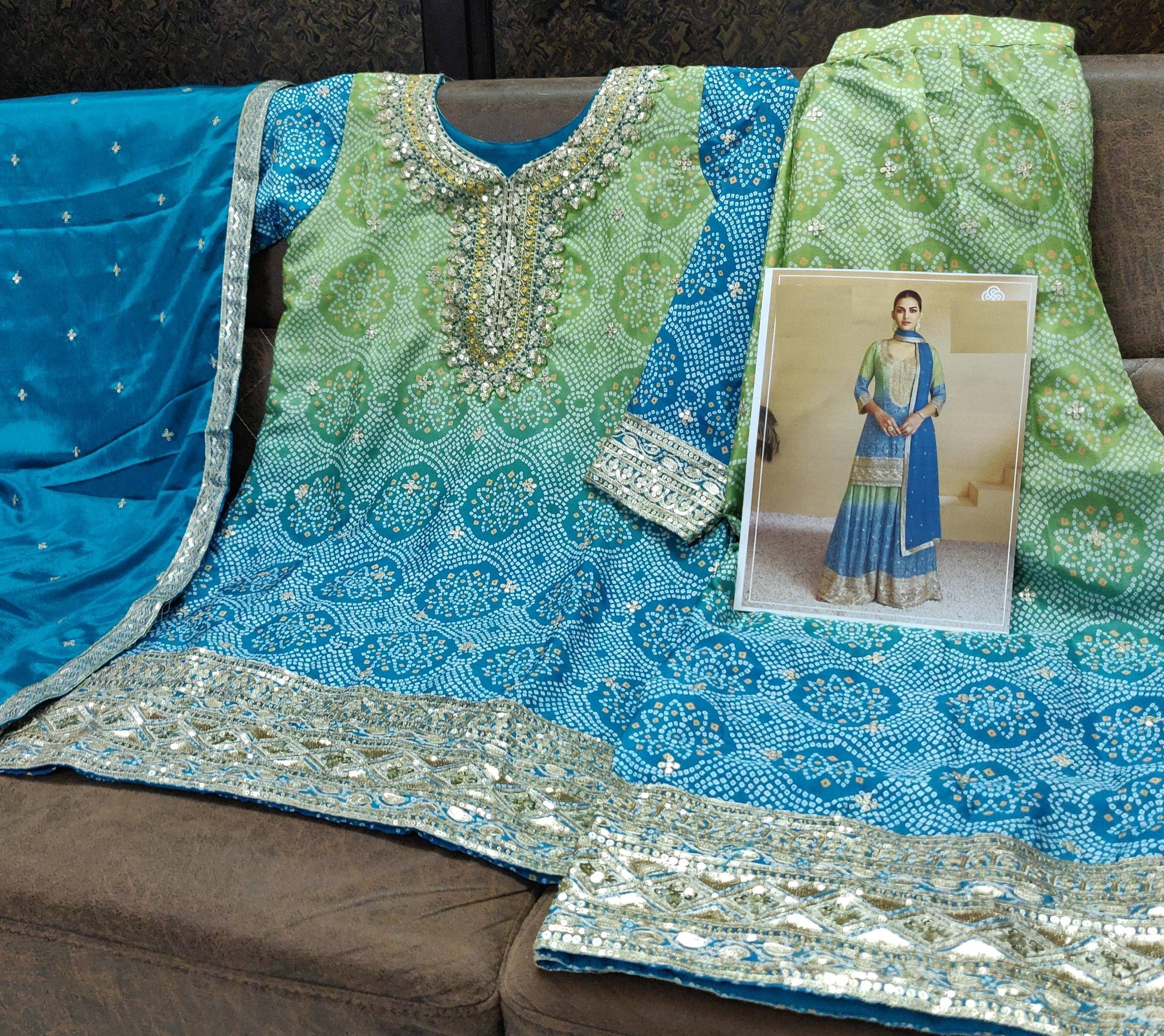 Aarshi Fashions Light Green & Blue Bandhani Embroidered Palazzo Salwar Kameez