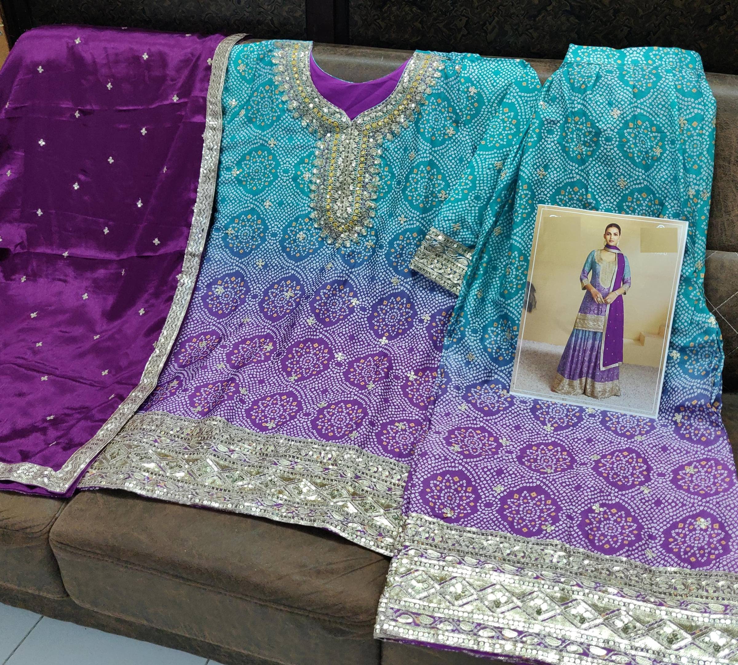 Aarshi Fashions Light Blue & Purple Bandhani Embroidered Palazzo Salwar Kameez