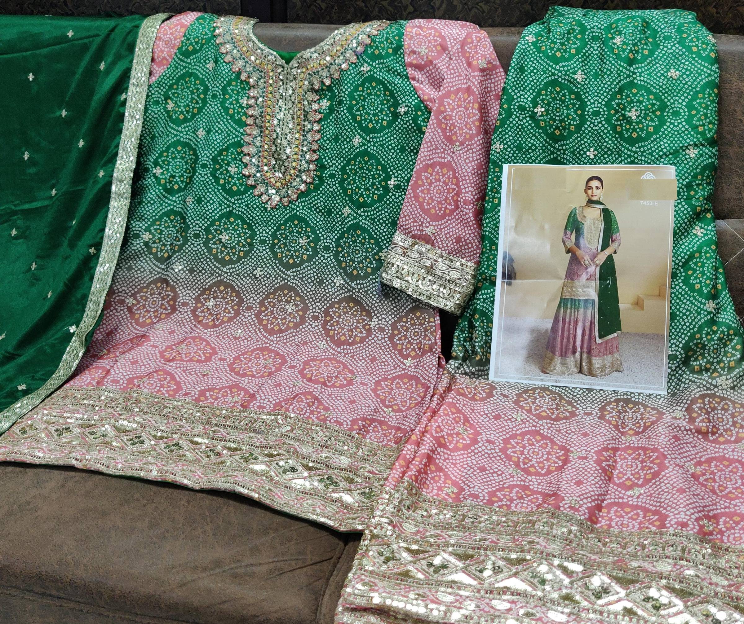 Aarshi Fashions Pink & Green Bandhani Embroidered Palazzo Salwar Suit
