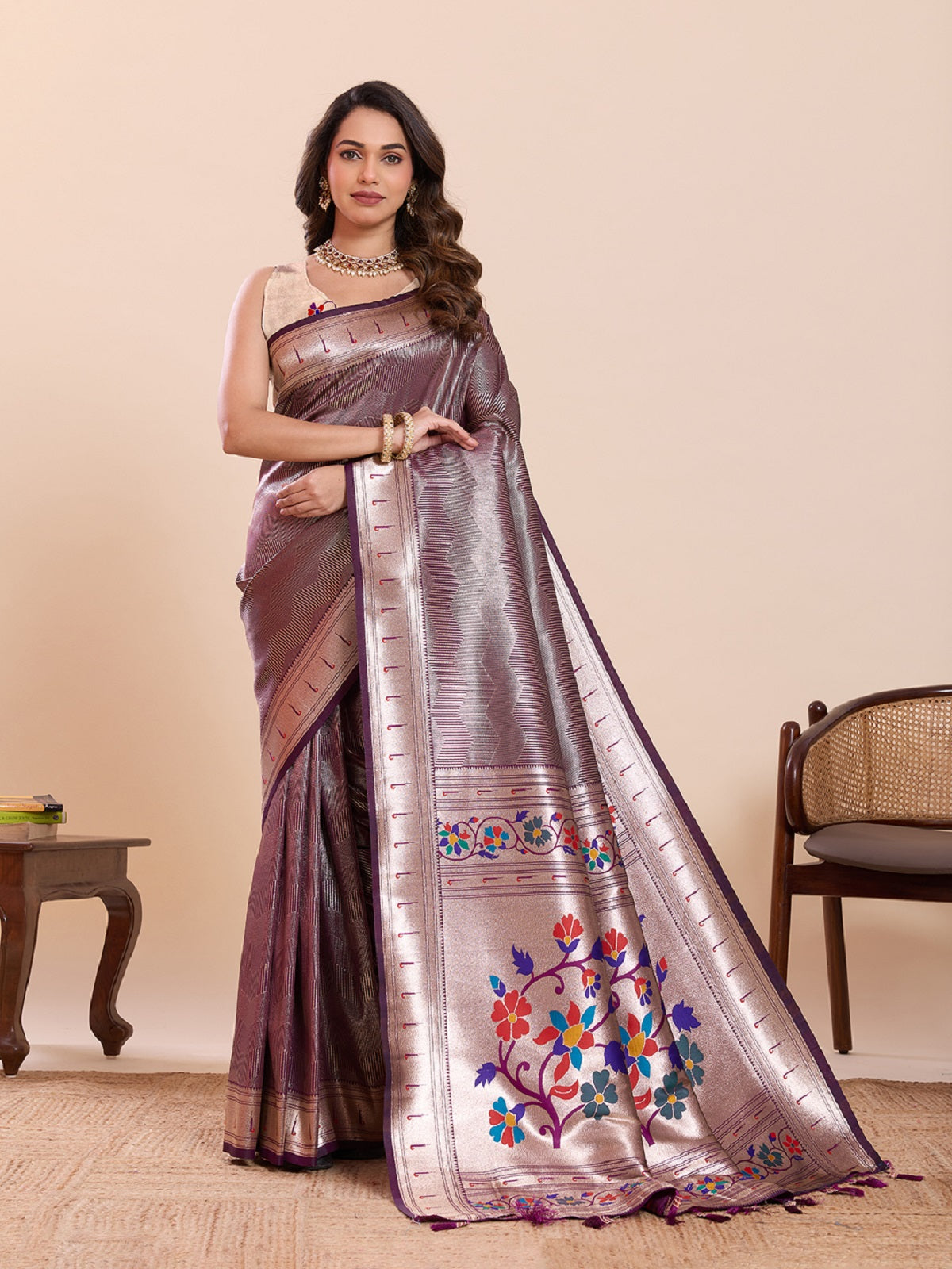 Dwija Fashion Purple Wedding Wear Woven Lotus Motif Work Pure Soft Silk Saree With Unstitched Blouse - Dista
