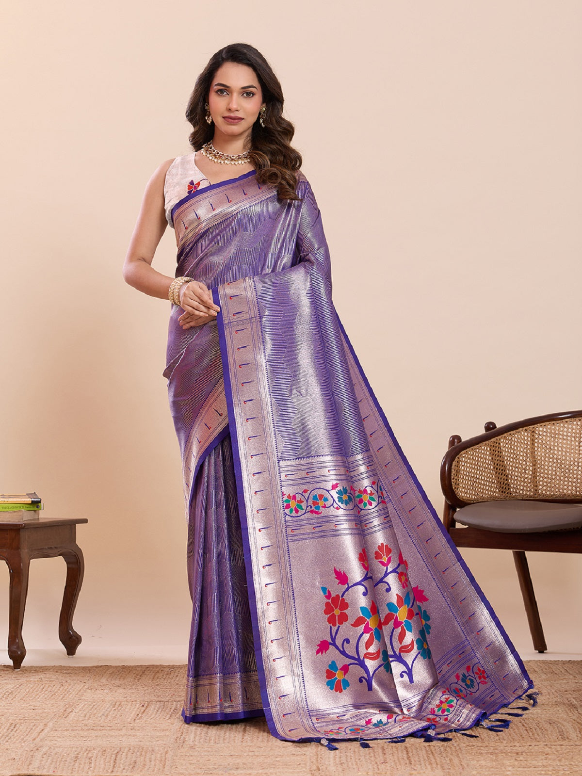 Dwija Fashion Purple Wedding Wear Woven Lotus Motif Work Pure Soft Silk Saree With Unstitched Blouse - Dista