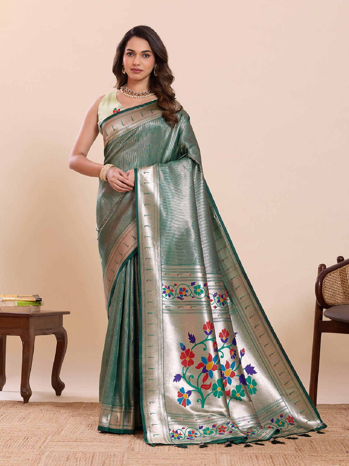 Dwija Fashion Green Wedding Wear Woven Lotus Motif Work Pure Soft Silk Saree With Unstitched Blouse - Dista
