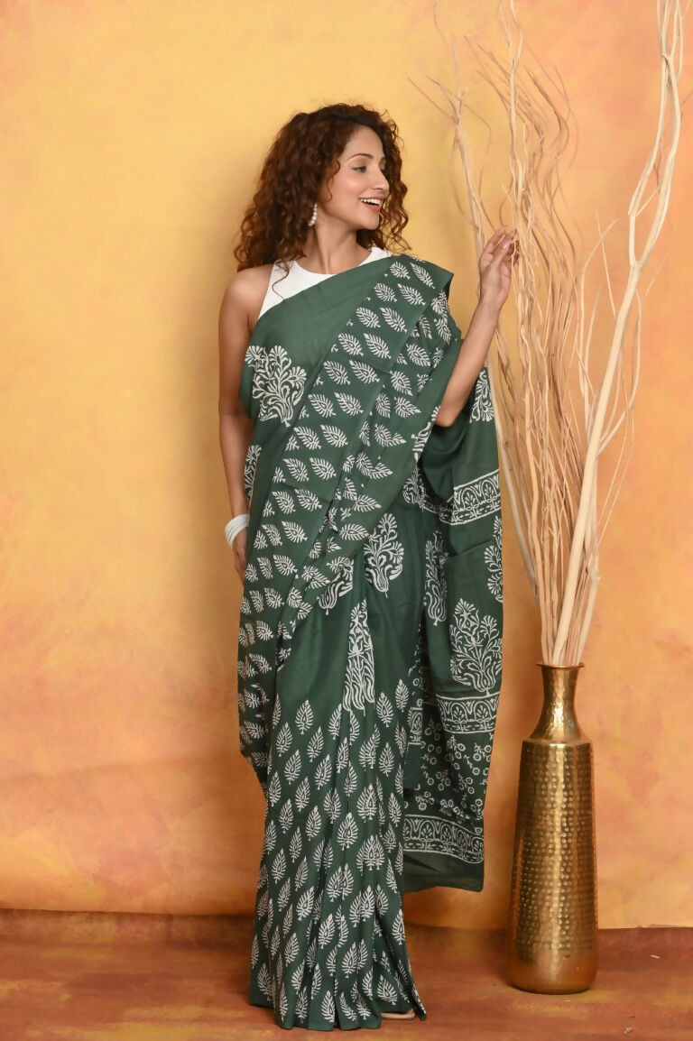 Very Much Indian Handblock Printed Cotton Saree With Natural Dyes - Green - Distacart