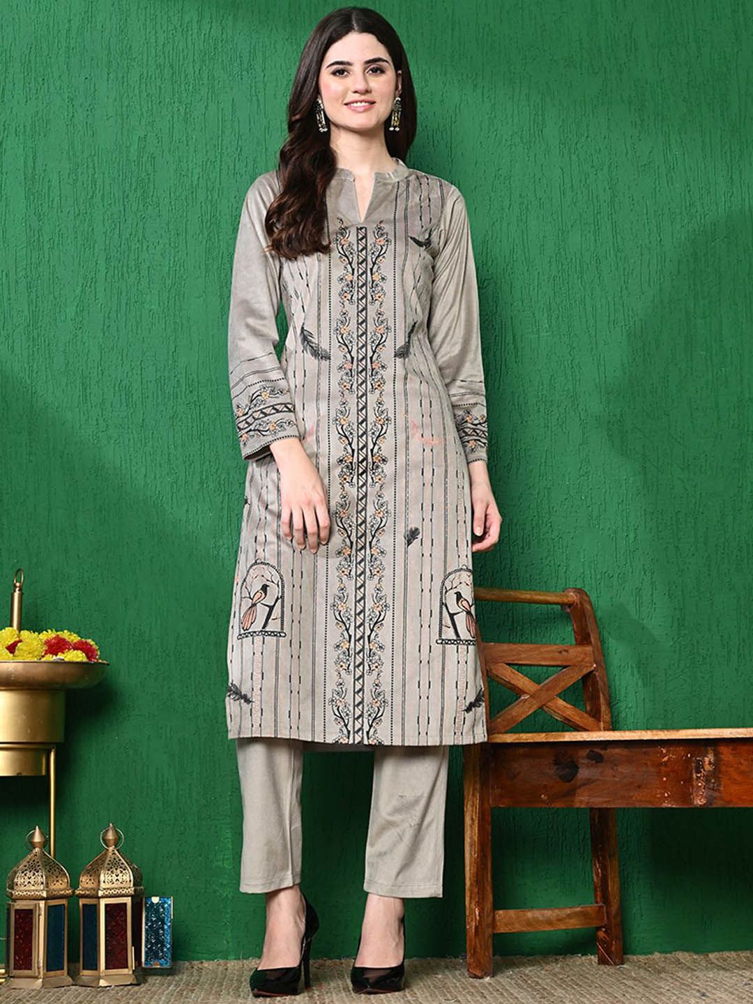 Sangria Printed Winter Velvet Kurta With Trouser - Distacart
