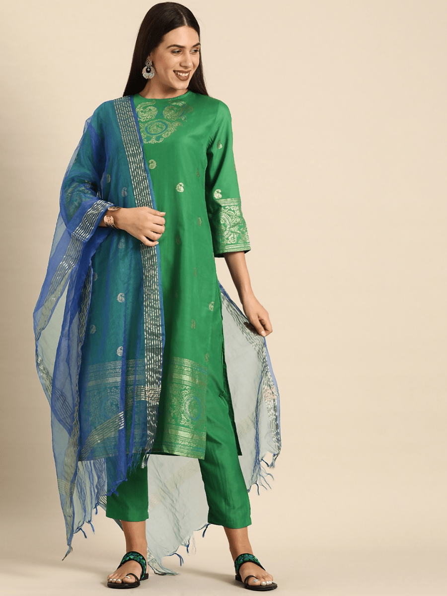 Anouk Women Green & Golden Paisley Foil Printed Kurta with Trousers & Dupatta - Distacart