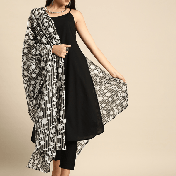 Anouk Women Black Solid Sleeveless Pure Cotton Kurta with Trousers & Dupatta - Distacart