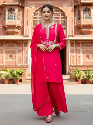 The52 Women's Gorgeous Embroidery Work Viscose Silk Fabric Straight Kurta Palazzo and Dupatta Set-Red - Dista