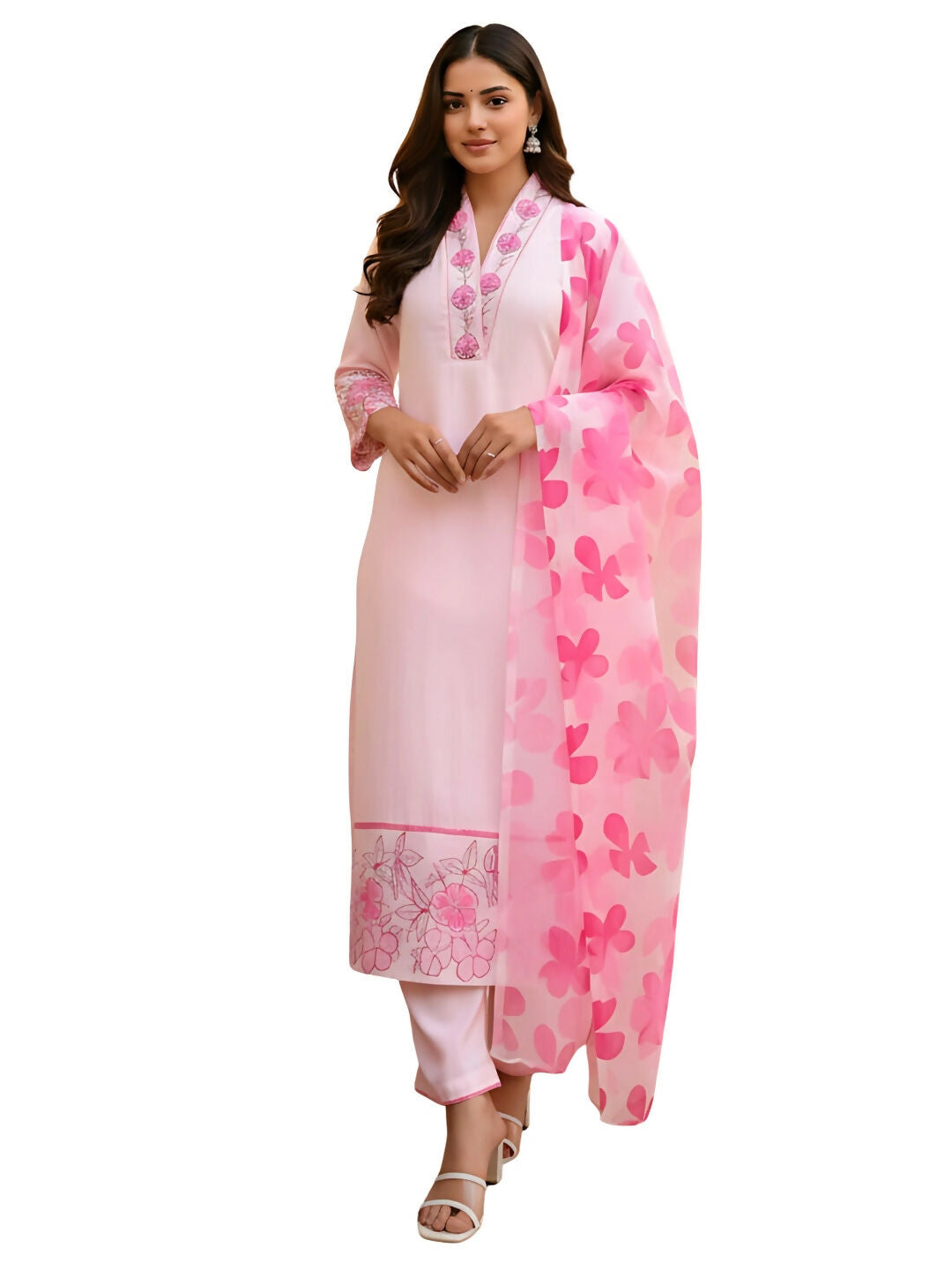 The52 Women's Beautiful Chanderi Fabric Printed Work Straight Kurta Pant and Dupatta Set - Distacart