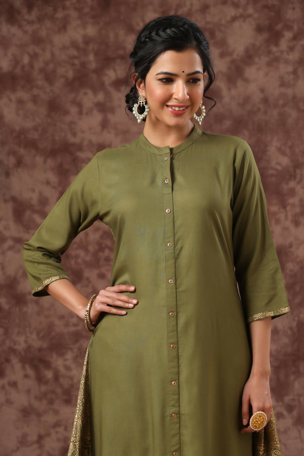 Juniper Olive Ethnic Motif Printed Rayon A-Line Women Kurta - Distacart