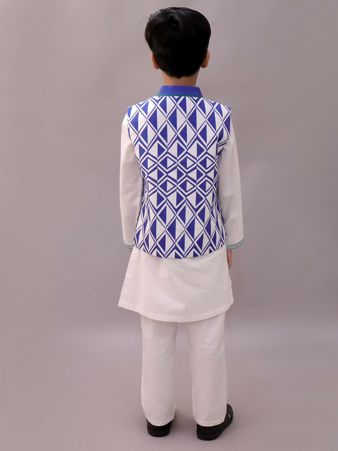 Lil Drama Shor-Gul White Kurta Pyjama with Blue Jacket Set For Boys