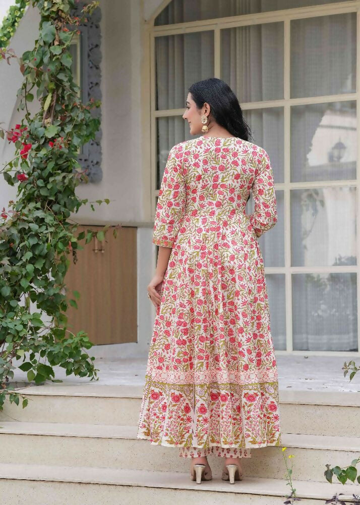 Jaimini Women Cotton Printed Round Neck Calf Length Flared Kurta Pant And Dupatta Set - Dista