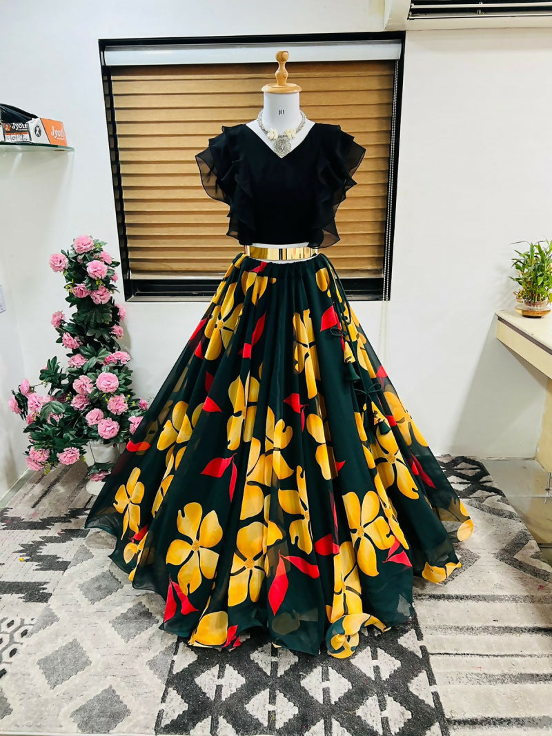 Dishitha Creation Floral Printed Stitched Lehenga & Crop Top - Black & Black - Distacart