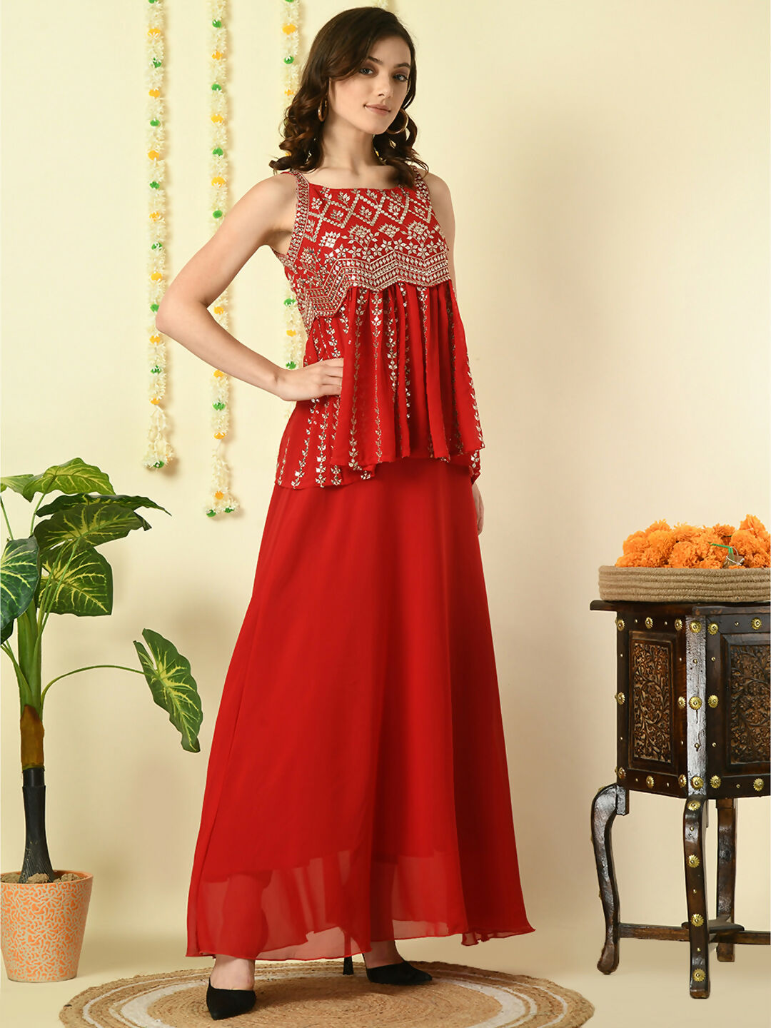 Myshka Women's Red Georgette Top With Skirt Party Sets - Distacart