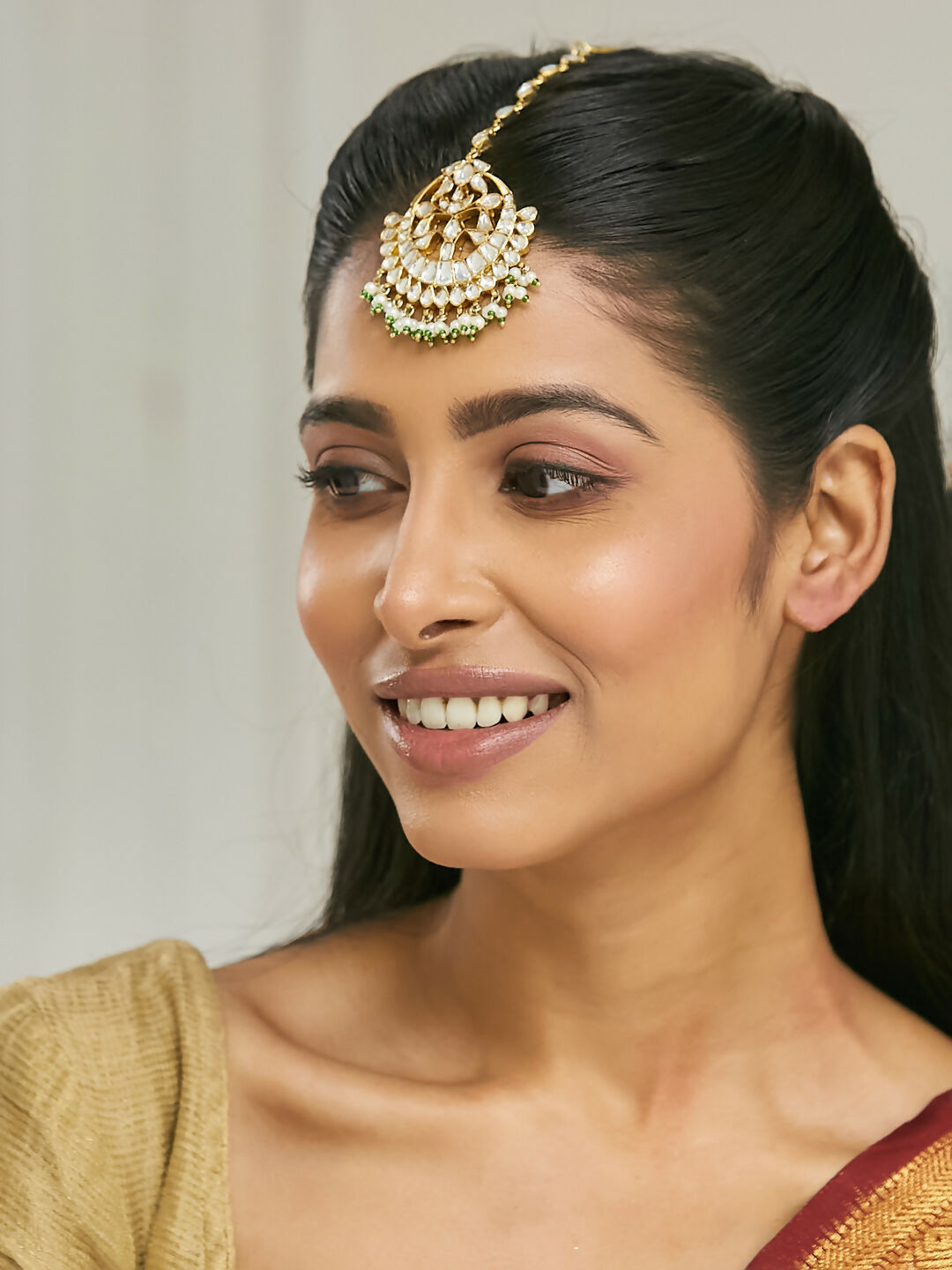 Nuyug 22K Gold-Plated Crystal & Pearl Studded Matha Patti