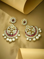 Thumbnail for Nuyug 22K Gold-Plated Elegant Ruby & Kundan Stone Studded With Pearl Beaded Floral Chandbalis - Distacart