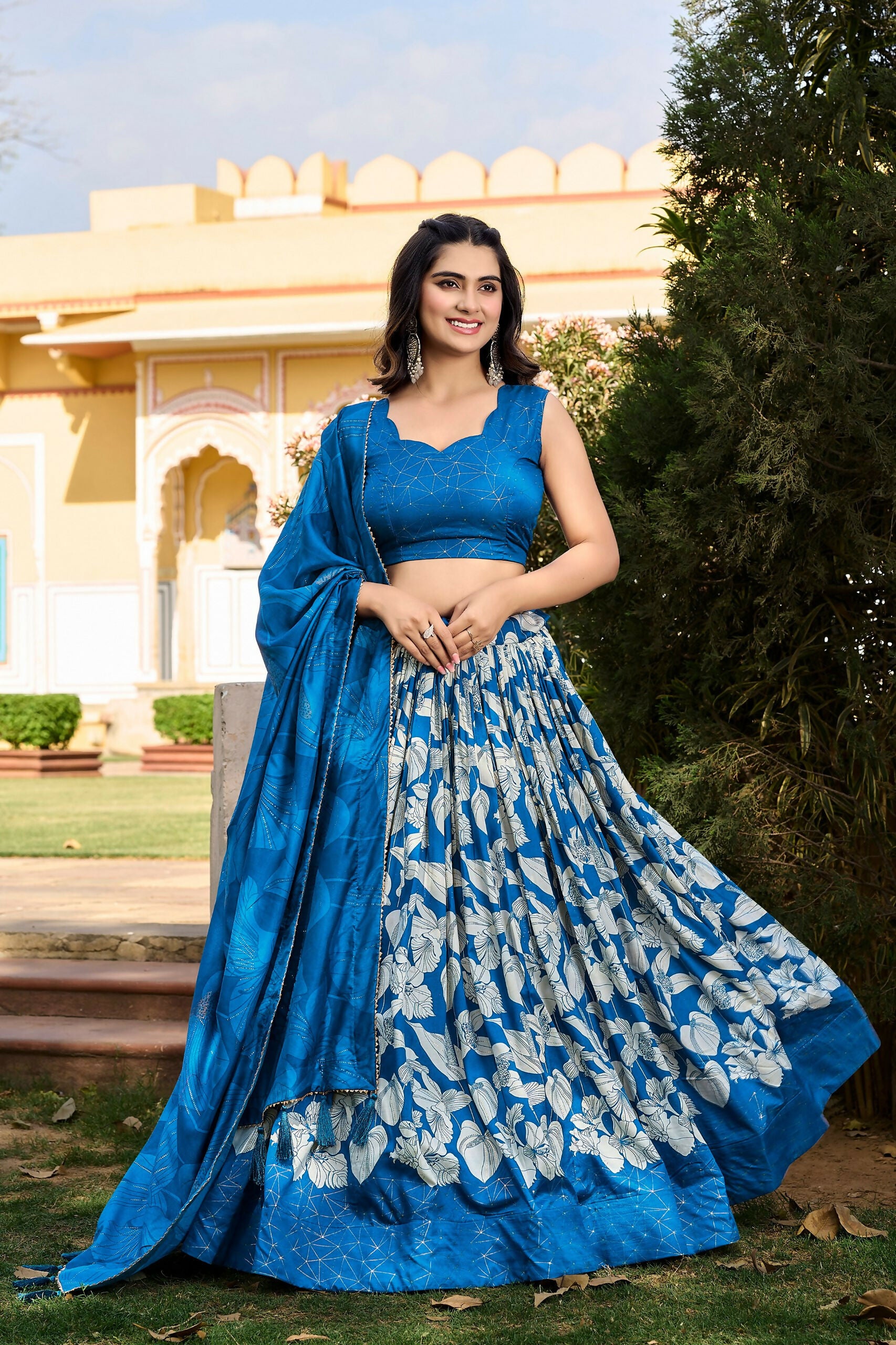 Vastranavya Ethnic Look Tussar Silk Floral Printed With Foil Work Indian Lehenga Choli - Royal Blue - Distacart