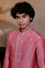 Thumbnail for Falling Raw Silk Pink Prism Motif Kurta Set By Hilo Design
