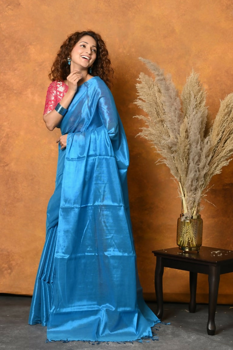 Very Much Indian Fusion Cotton Tissue Shimmer Saree - Light Blue - Distacart