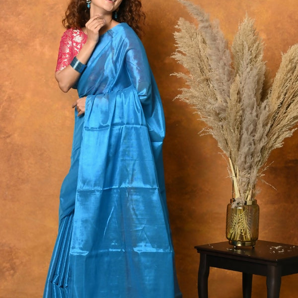 Very Much Indian Fusion Cotton Tissue Shimmer Saree - Light Blue - Distacart