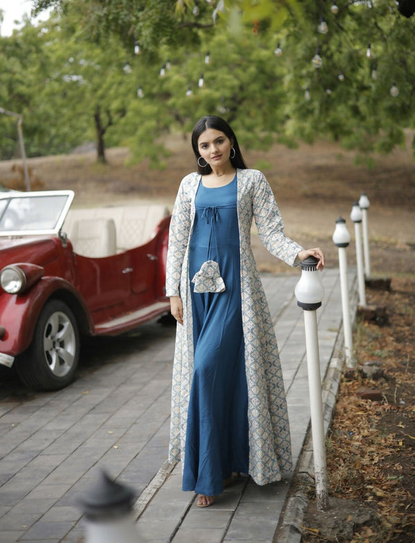 Aastha Fashion Women's Blue Designer Rayon Gown with Crochet Embroidery Work Shrug - Distacart