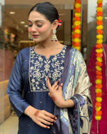 Thumbnail for The52 Navy Blue Women's Beautiful Viscose Chanderi Fabric Embroidered Work Straight Kurta Pant and Dupatta Set - Distacart
