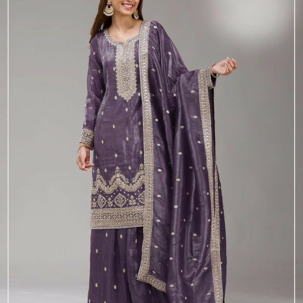 Anaita Dark Lavender Gold Crush Stitched Suit with Embroidery & Sequins - Distacart