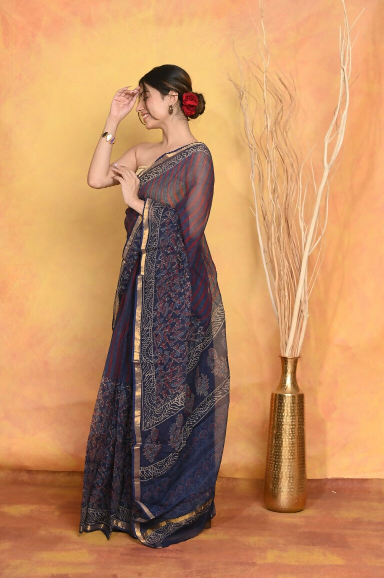 Very Much Indian Pure Kota Cotton Handblock Printed Saree - Dark Blue - Distacart