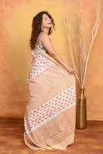 Thumbnail for Very Much Indian Handblock Printed Cotton Saree With Natural Dyes - White Peach - Distacart