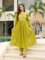 Thumbnail for The52 Lemons Women's Gorgeous Chinon Embroidered Flared Kurta with Pant And Dupatta Set - Distacart