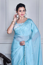 Thumbnail for Morchari Blue Chiffon Hand Embroidery Saree And Stitched Blouse
