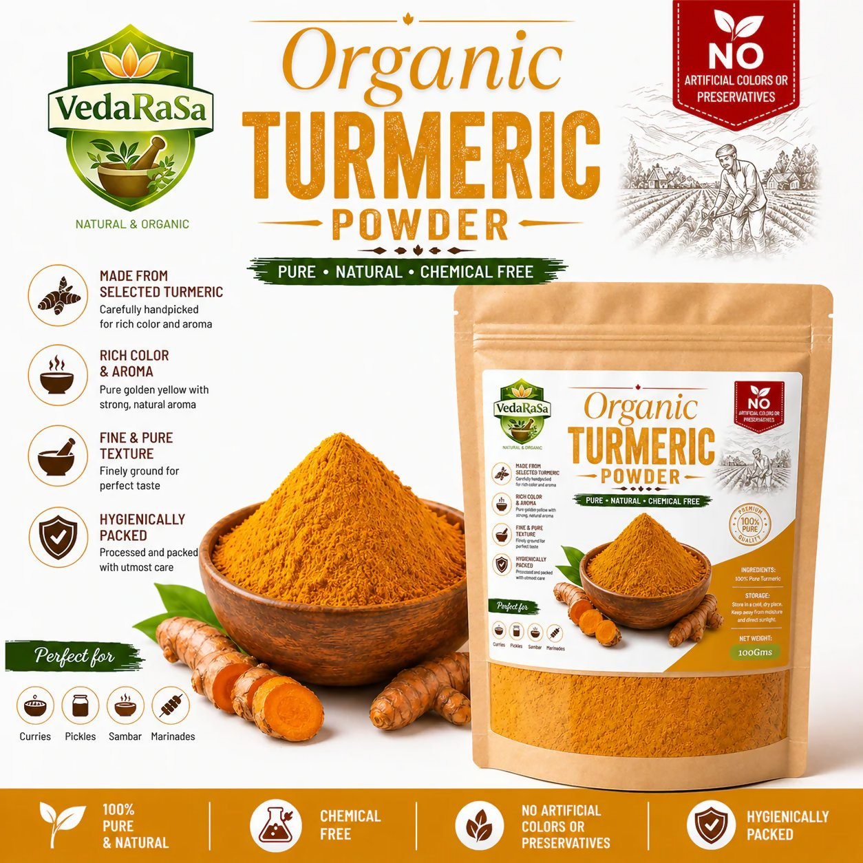 VedaRasa Organic Turmeric Powder Premium Quality - Dista