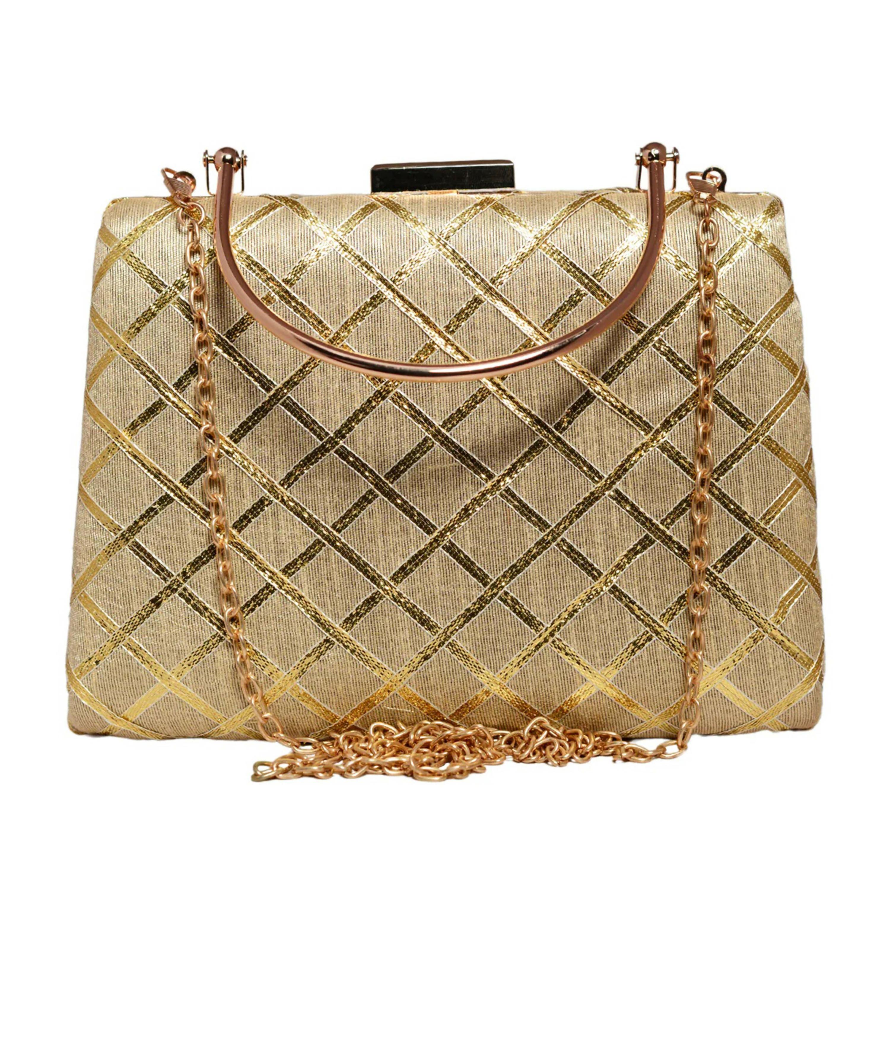 Joban Fashion Beige Gota Patti Fabric Clutch - Golden - Dista