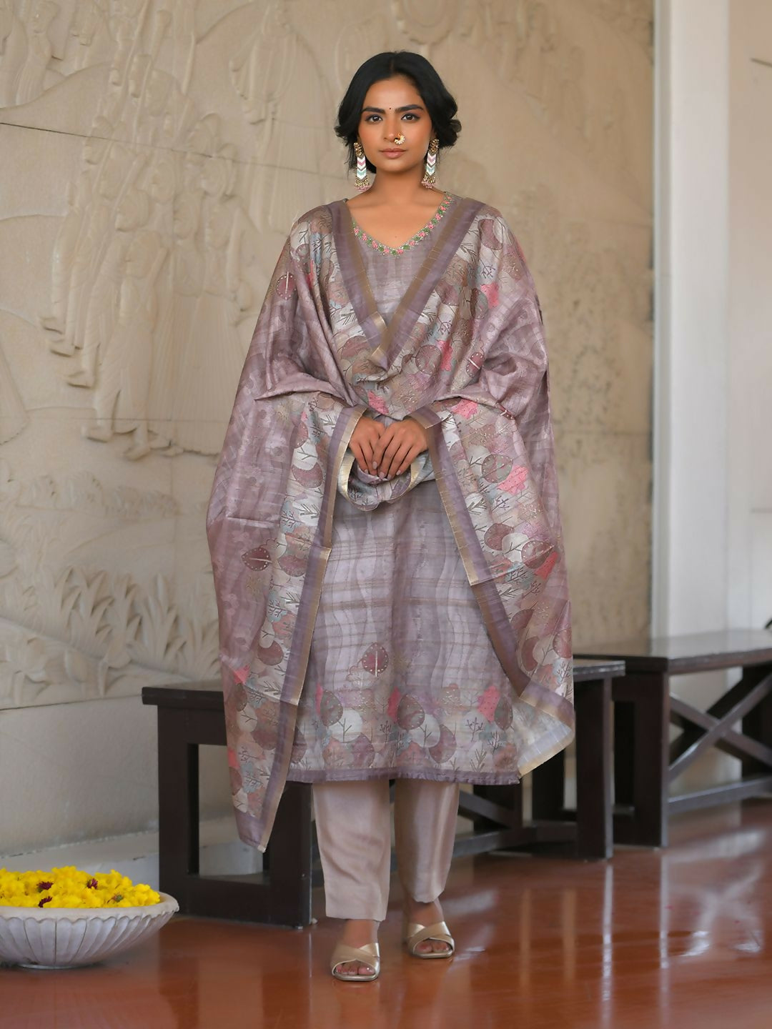 Vaasva Women's Ash Grey Silk Digital Printed Suit Set