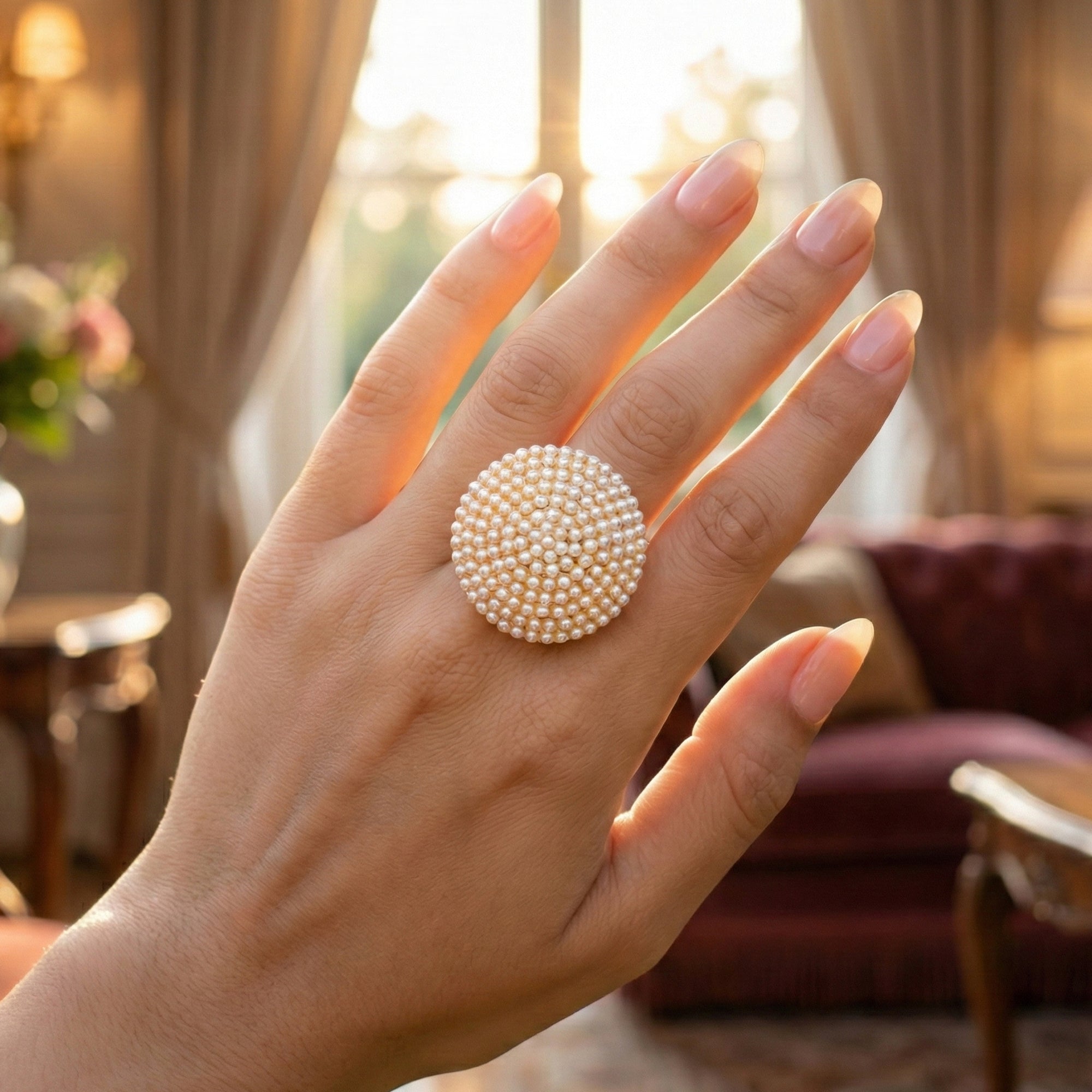 JS Fashion High Gold Polish Fancy Design Clustered Pearl Designer Antique Finger Ring for Women | Adjustable Ethnic Statement Jewellery for Wedding, Party & Festive | Vintage Pearl Gift - Distacart