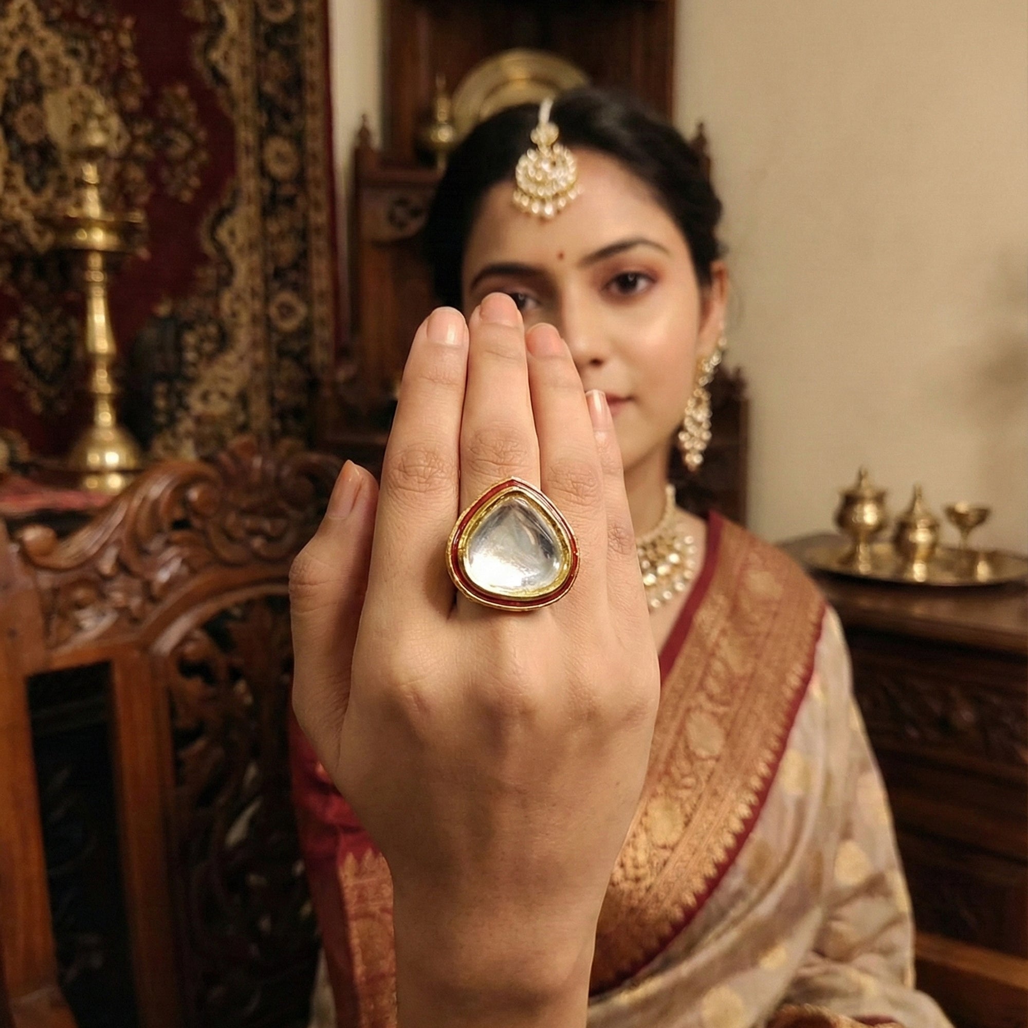 JS Fashion Kundan High Gold Polish Full Stone Designer Finger Rings for Women | Adjustable Ethnic Bridal Jewellery for Wedding, Party & Festive | Statement Ring Gift Set - Distacart